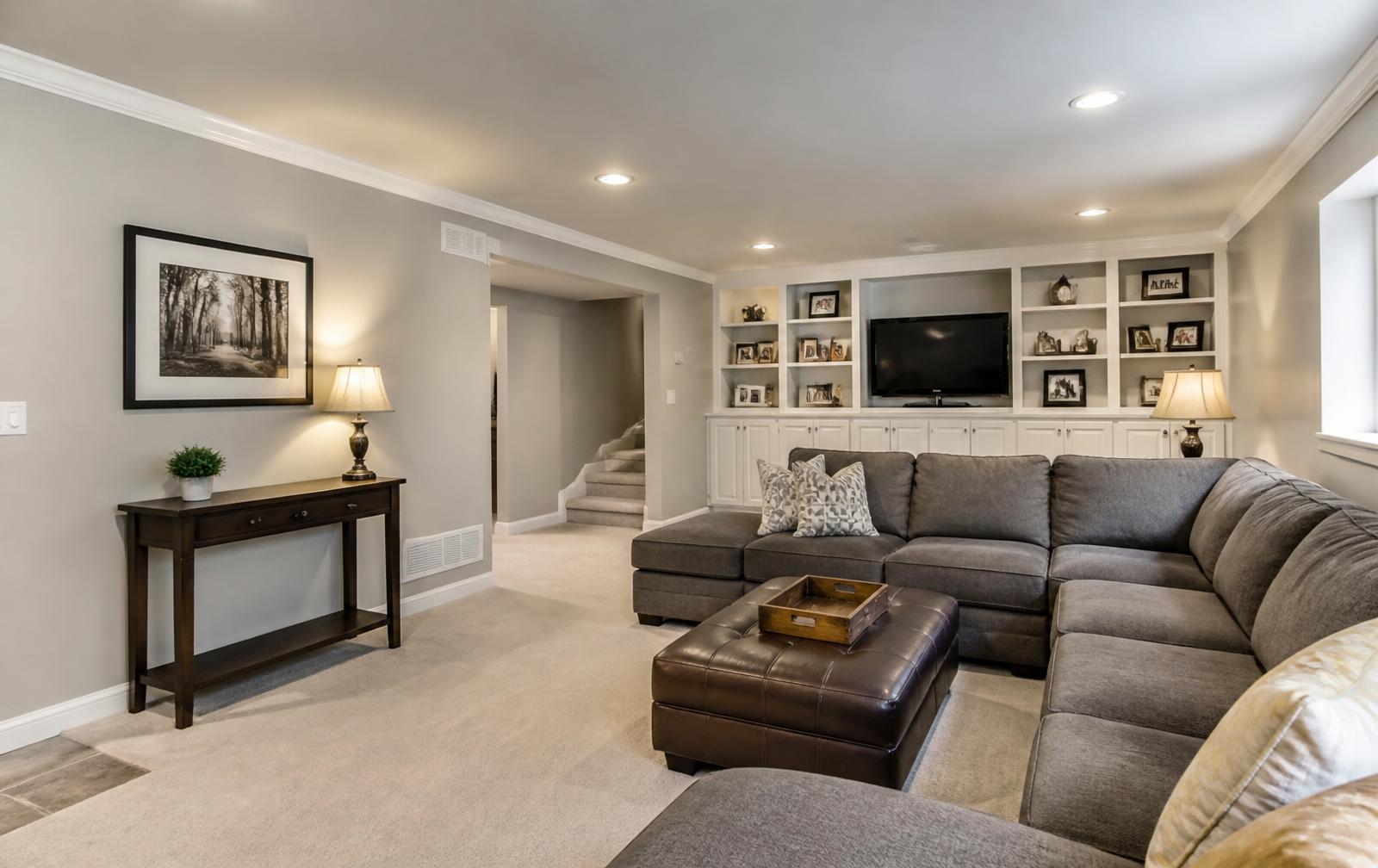 Crown molding in a finished basement family room in Republic, MO