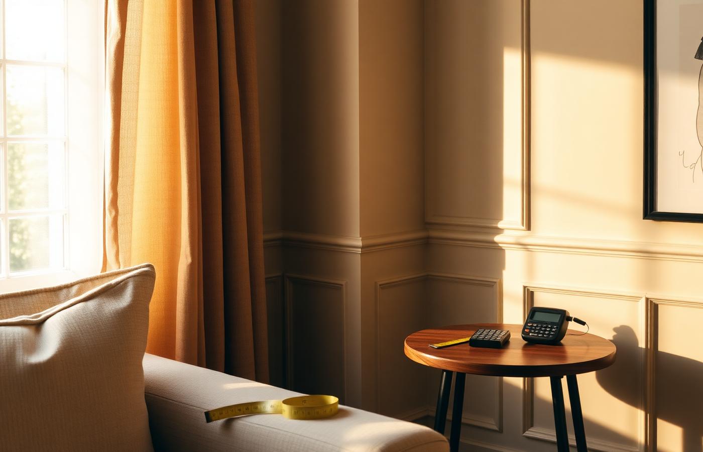 Warm sunlit room corner with tape measure and calculator on a side table