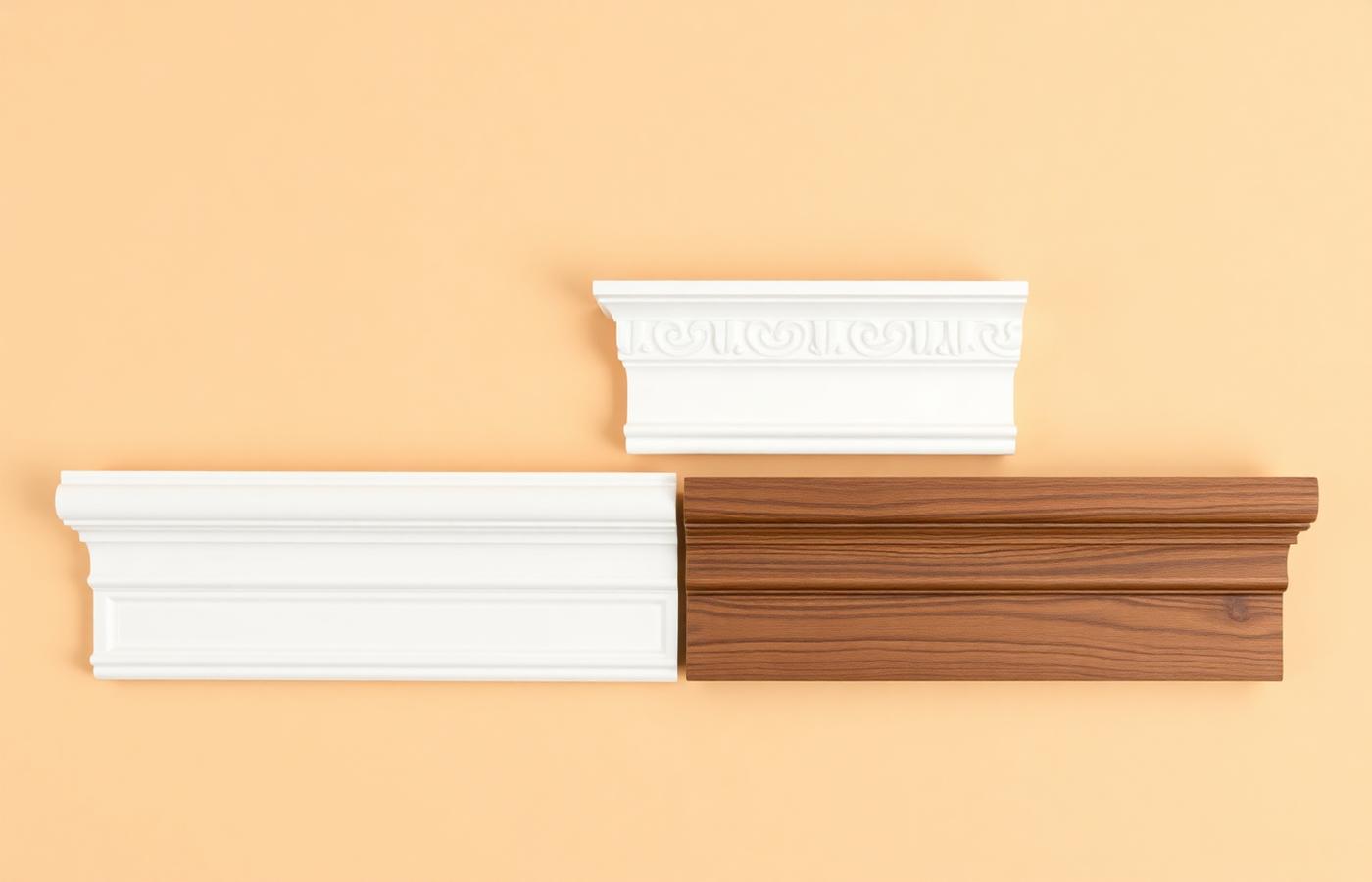 Crown molding profile samples in painted MDF, primed pine, polyurethane, and stained walnut