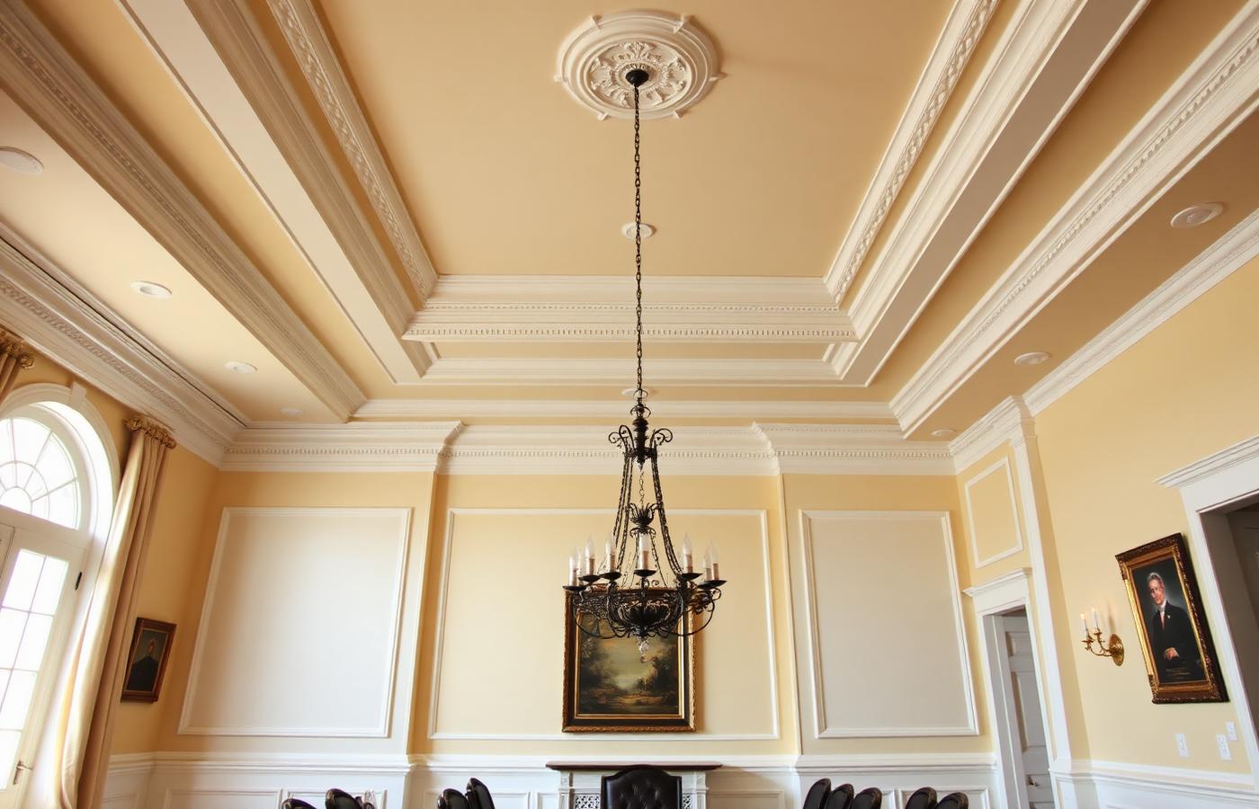 Formal dining room with layered built-up crown molding and a wrought-iron chandelier